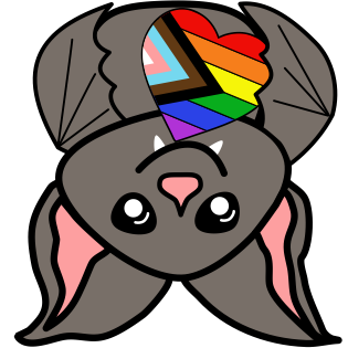 An upside down cartoonish bat holding a heart with the pride progress flag design.