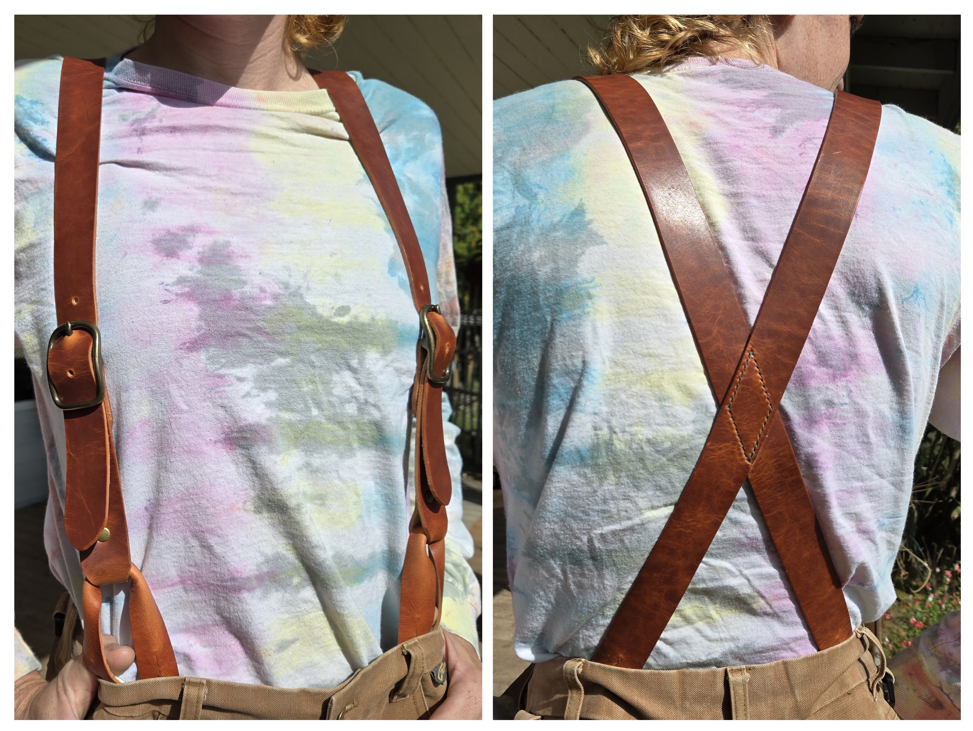 collage of 2 images showing front and back of someone's torso. she's wearing light brown leather suspenders with buckles for size adjustments and button attachment points. they cross in the back at a stitched diamond.