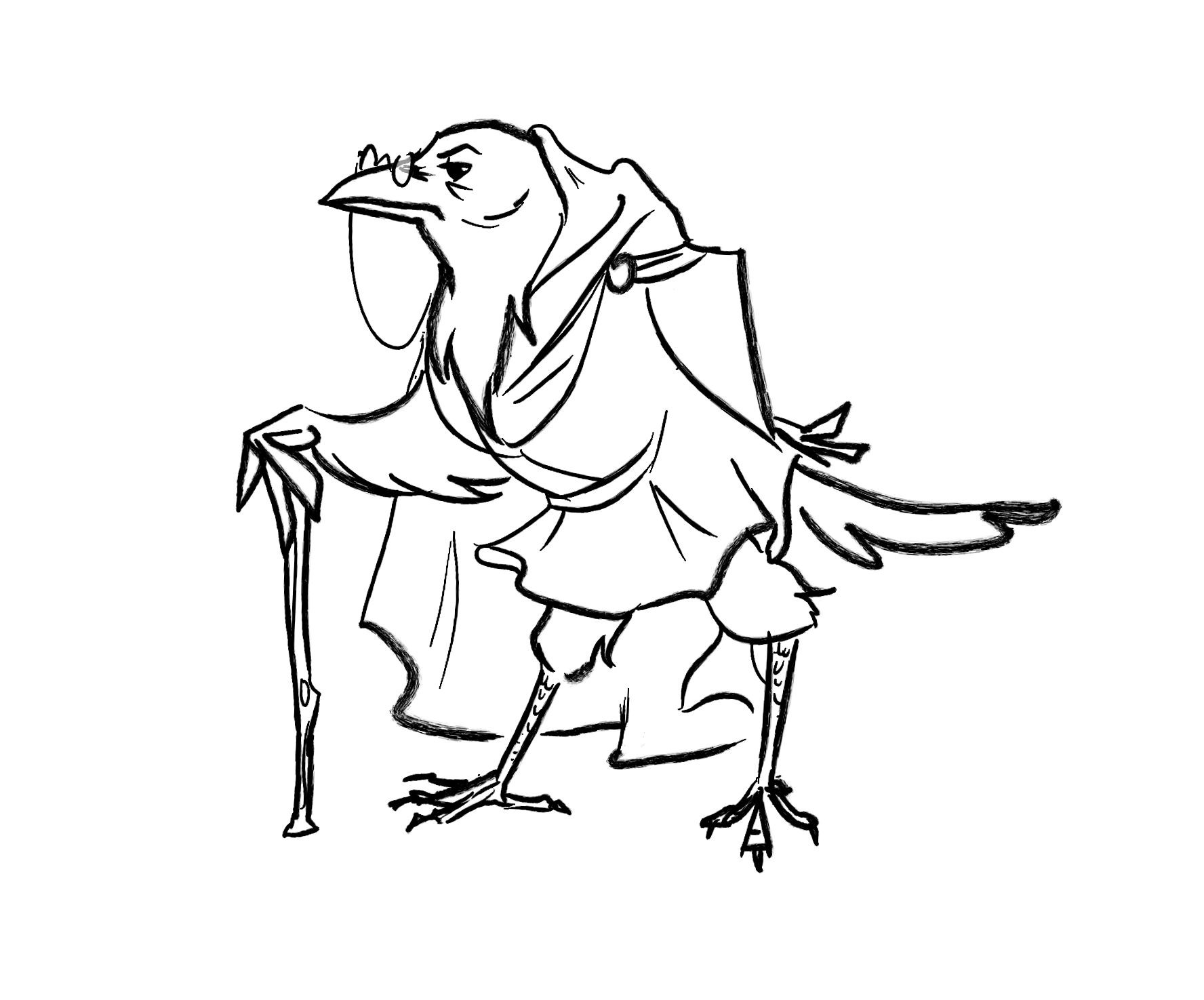 Rough cartoon-style sketch of a grumpy-looking crow wearing a hooded cloak, pince-nez, and a belted tunic, leaning on a gnarled walking stick grasped in one "hand" (wing with primaries as "fingers"). The other is folded behind its back. Its feathered haunches look a little like knee-length breeches. 